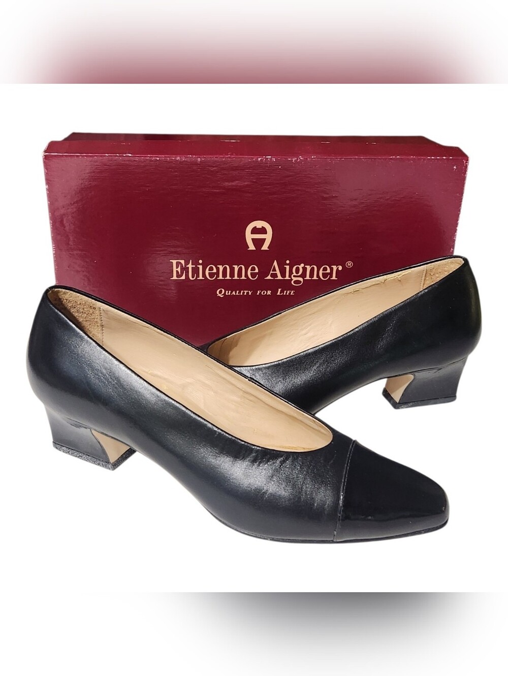 Vintage Etienne Aigner Black Leather 'Ann Marie' Cap Toe Pumps Size 7 EUC